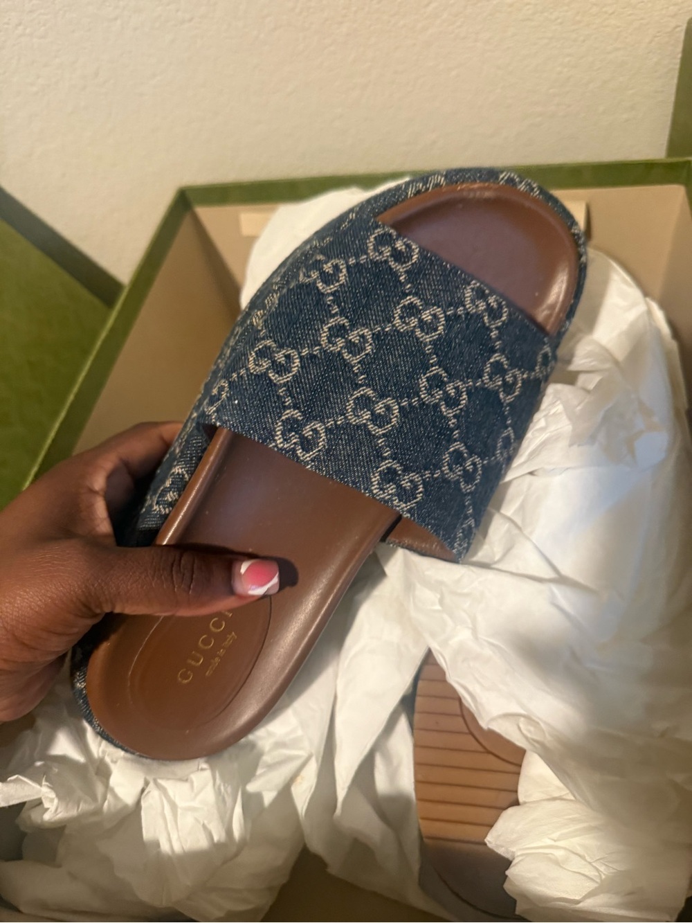 Gucci Denim GG Logo Slide Sandals in Blue with Brown Footbed